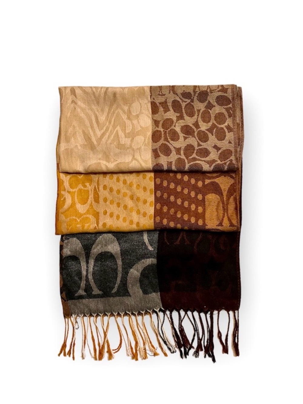 COACH Patchwork Logo Fringe Scarf in Beige, Gold & Brown